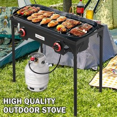 High Pressure Propane Gas Regulator & Double Burner Camping Grill – 120,000 BTU