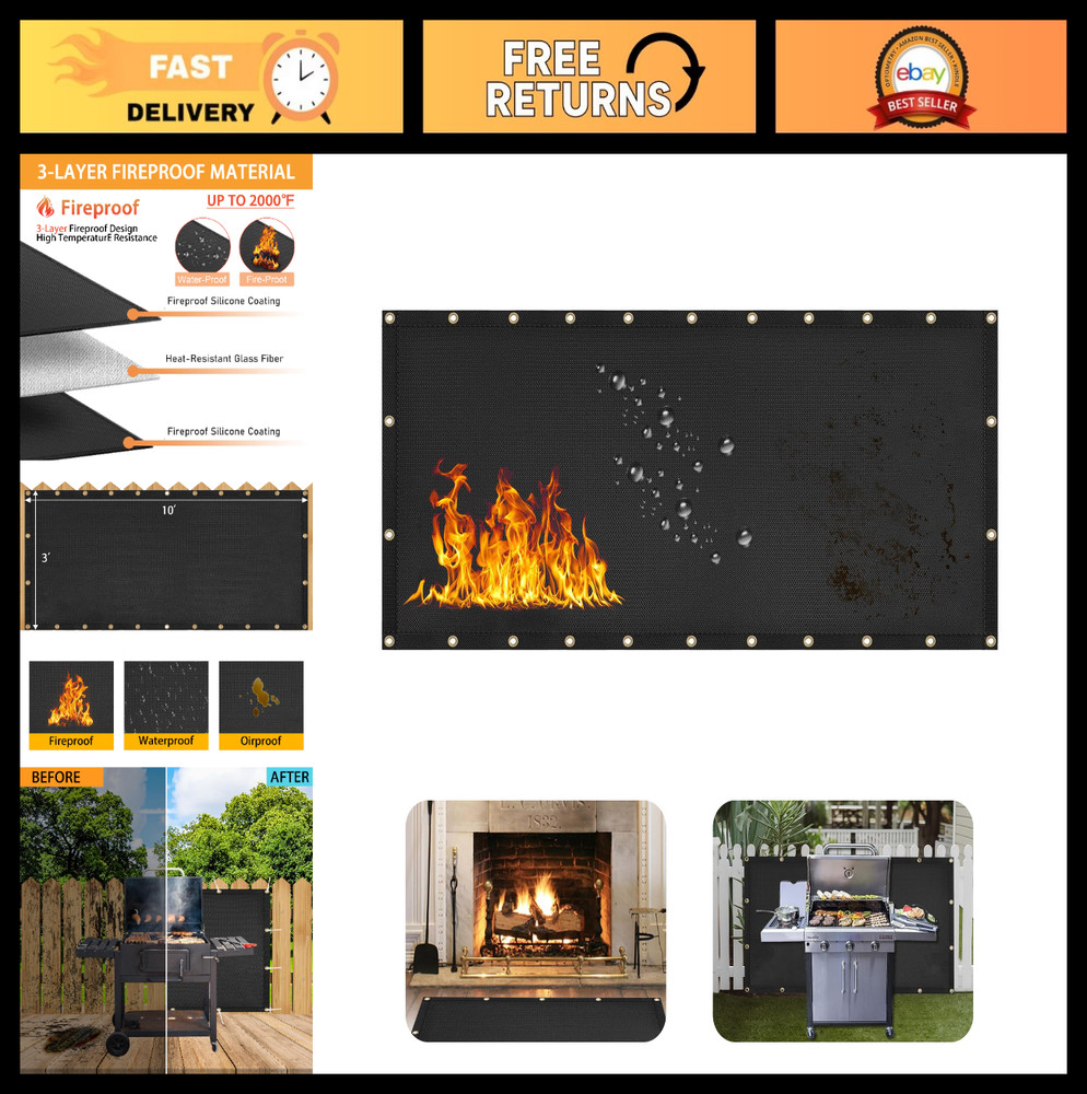 Fireproof Heat Shield Cover for Grill – 3’x10′ BBQ Mat, UV Resistant, Deck Raili