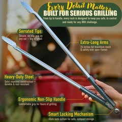 24 inch BBQ Tongs – 1 Year Warranty, 100% Stainless Steel Long Metal Grill Tongs