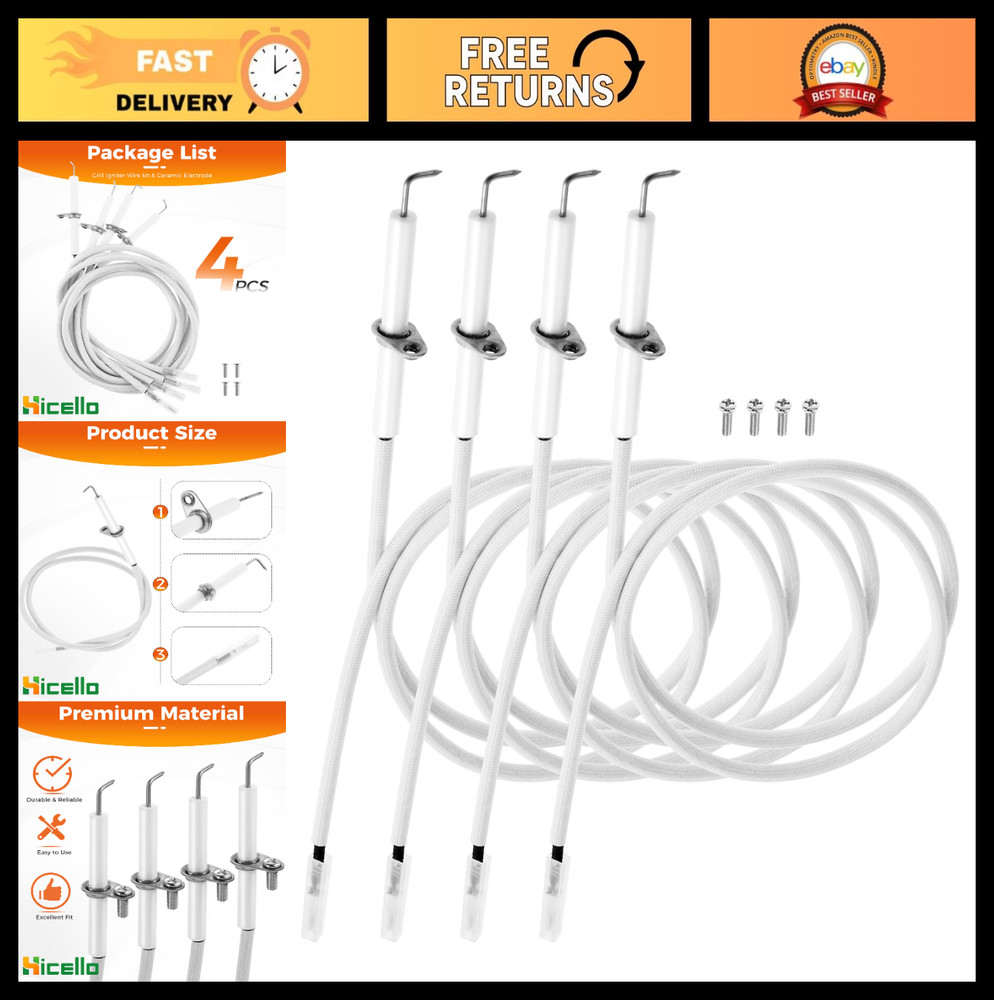 4PCS Grill Igniter Wire Kit, Ceramic Electrodes for Gas BBQ Grills, 27″ Length
