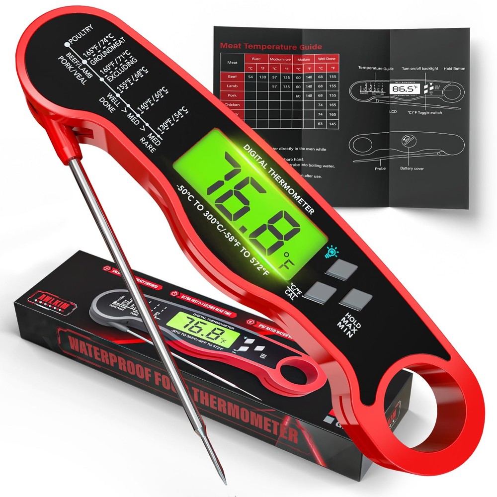 AWLKIM Meat Thermometer Digital – Instant Read 6.5 inches, Red