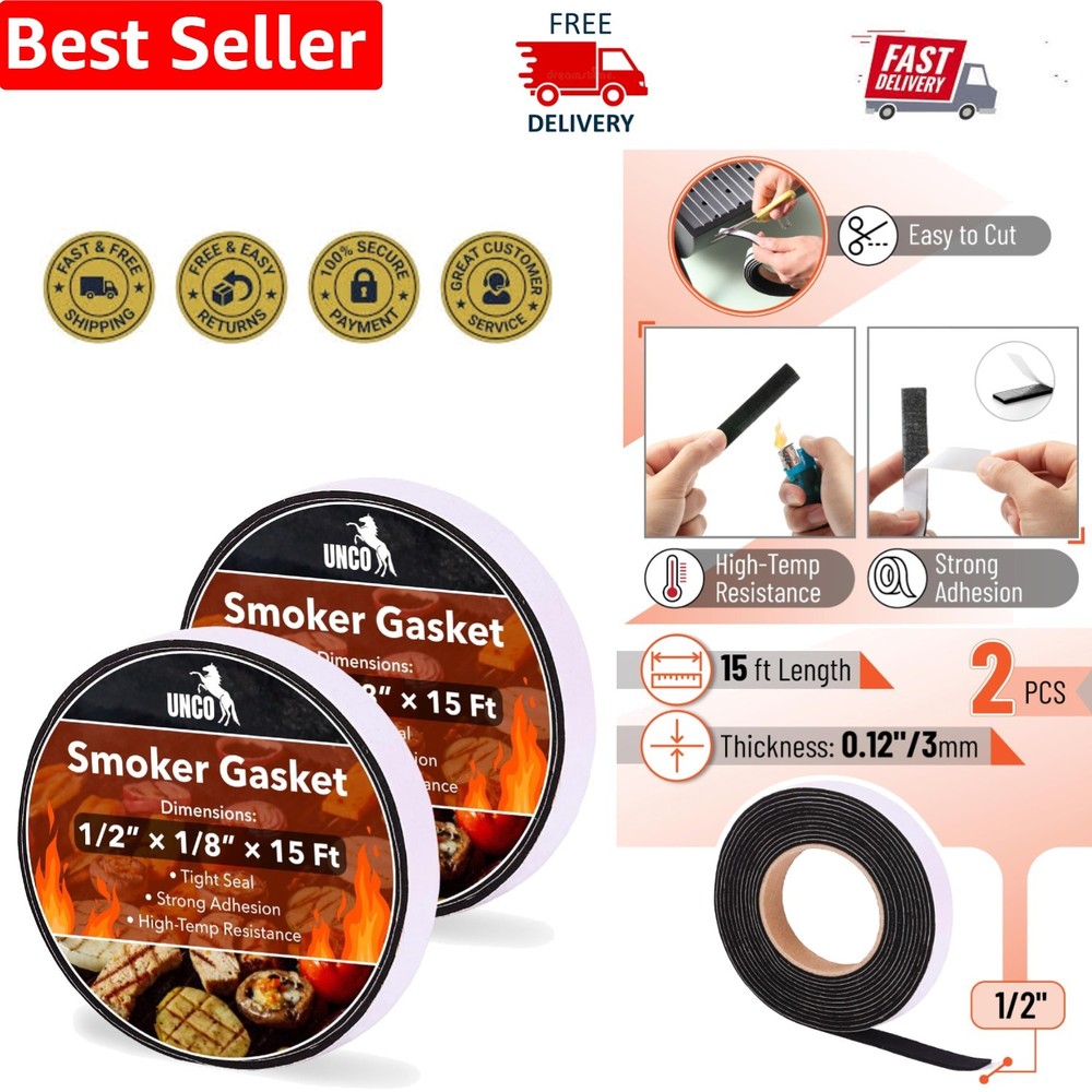 2 Pack Grill Gasket, 15ft | Easy-Cut High-Temperature Smoker Seal