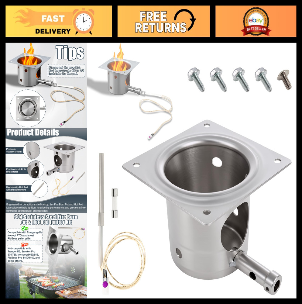 Pellet Grill Fire Burn Pot & Hot Rod Ignitor Kit – Replacement Parts for Smokers