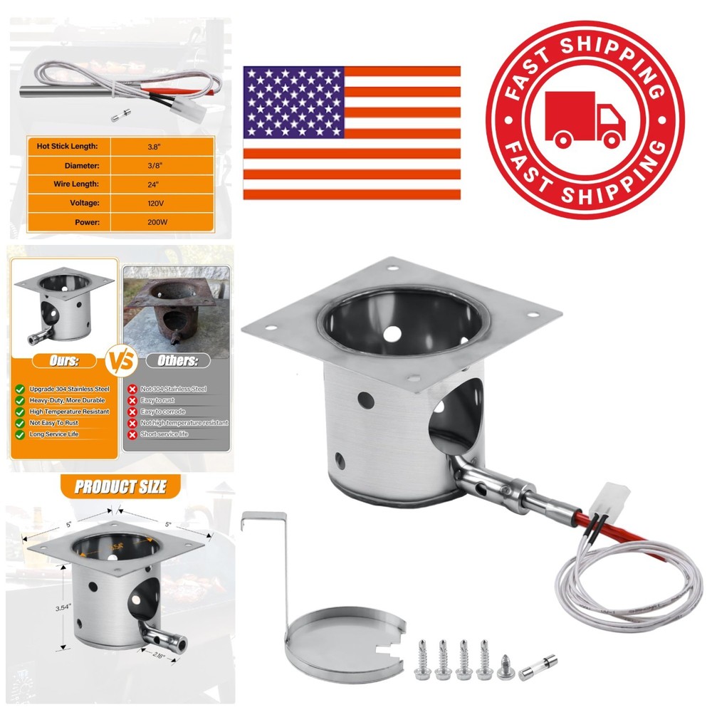304 Stainless Steel Fire Burn Pot with Hot Rod Ignitor Kit for Pellet Grills