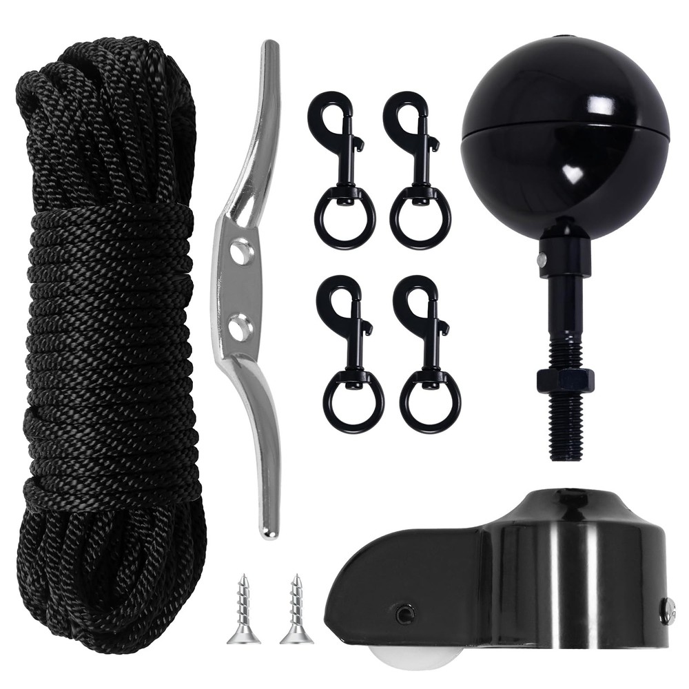 Flagpole Hardware Repair Parts Kit-50 Ft Halyard Rope +3″ Black Ball+6″ Zinc …