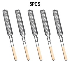 5Pcs Stainless Steel BBQ Grill Cage with Wooden Handle for Convenient Use
