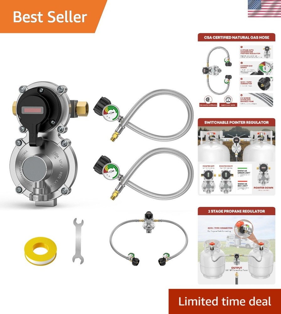 Versatile LP Propane Regulator Kit with 18″ Braided Hoses – Perfect for Travel