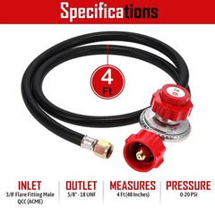 High Pressure Propane Regulator with Hose – 0-20 PSI Adjustable, 4 ft Length, QC
