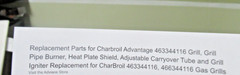 Charbroil Advantage 4 Burner Grill Replacement Parts 463344116 466344116