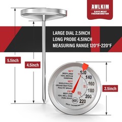 AWLKIM 2 Pack Analog Probe Meat Thermometer, NSF Certified, No Battery Silver