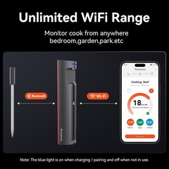 Pro Smart WiFi Wireless Meat Thermometer, Unlimited Range, Improved Black