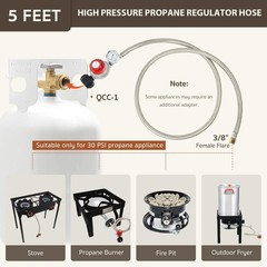 0-30 PSI Adjustable High Pressure Propane Regulator with Gauge, 5-Foot Stainl..,