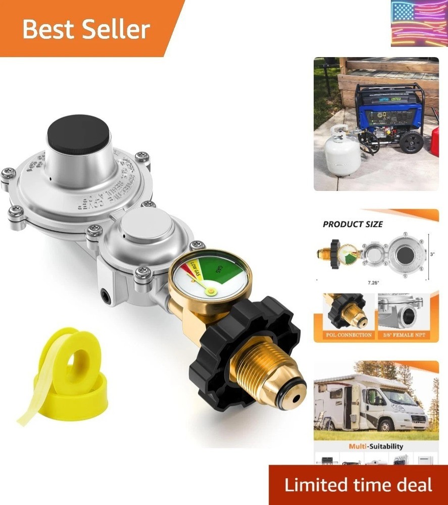 Two Stage with Gauge, RV Gas Regulator with POL Inlet X 3/8″ Female NPT Outle..-