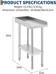 Equipment Grill Stand Table 12x24x30 Inch Stainless Steel NSF Certified 400 Lbs