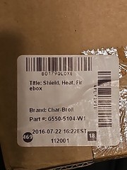 Charbroil G550-5104-W1 Shield, Heat, Firebox. Measures approxim
