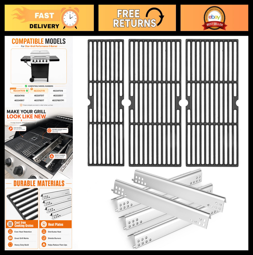 Grill Replacement Parts – Cast Iron Cooking Grates 18″x25″ & Heat Plates for Cha