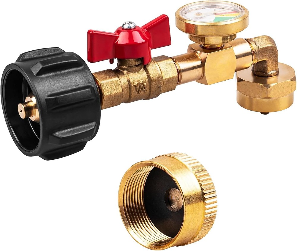 Propane Refill Adapter 20lb to 1lb with Valve, Gauge & 90° Elbow for QCC1 Tanks