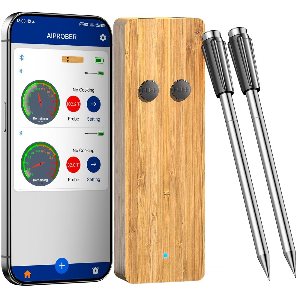Bluetooth Wireless Meat Thermometer with 2 Ultra-Thin Silver And Black