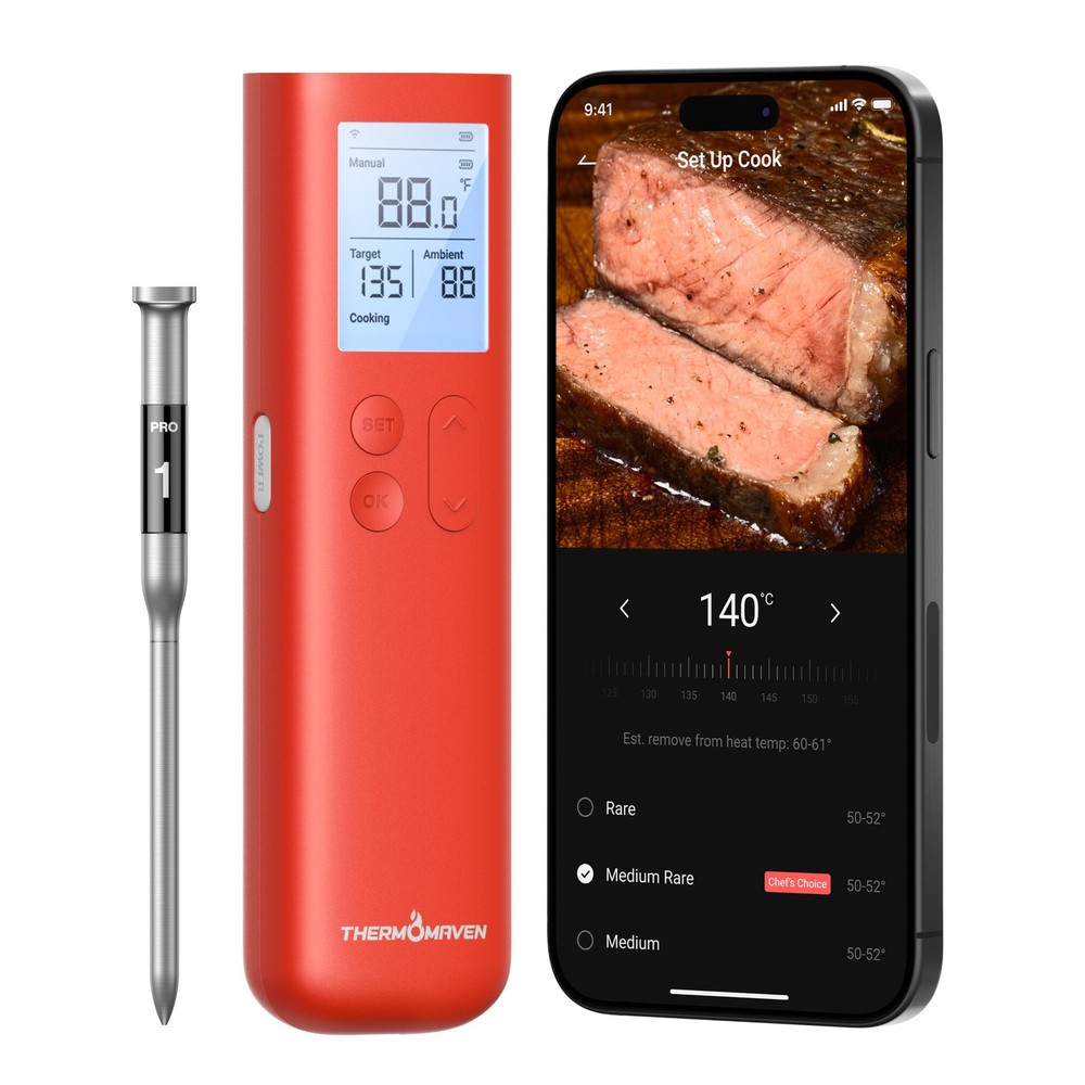 ThermoMaven Smart Bluetooth Wireless Meat Thermometer, 10X 6.6 inches, Red