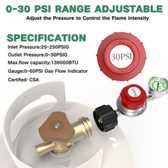 Gardennow 5Ft 0-30 Psi Adjustable High Pressure Propane Regulator Gauge 060Psi