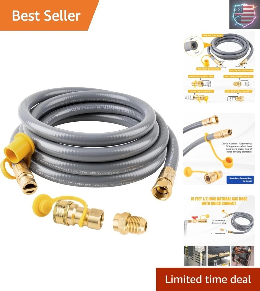 15 Feet 1/2 Inch ID Natural Gas Grill Hose, Flexible Gas Line Hose Low Pressu…