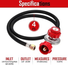 Regulador De Gas Propano 3/8 4 Pies y Manguera 0 a 20 PSI Ajustable Para Estufa