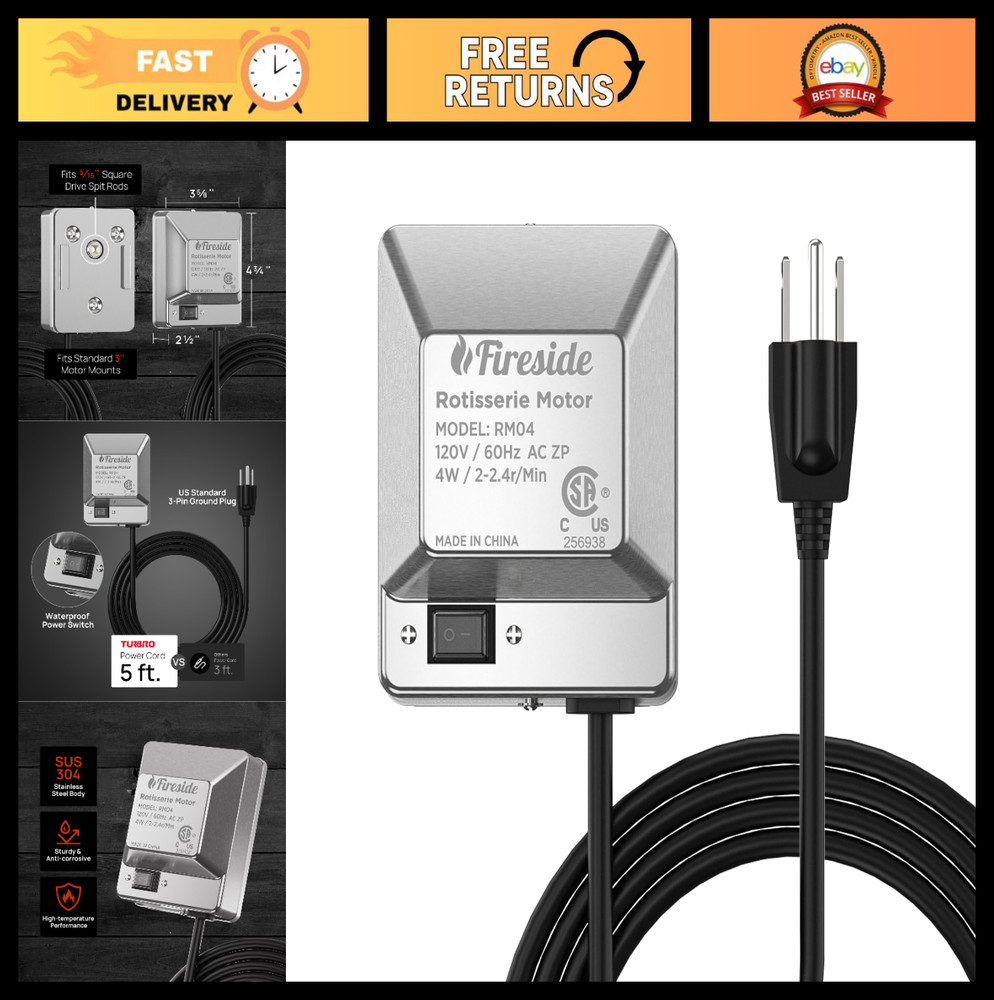 Heavy Duty Stainless Steel Grill Rotisserie Motor – 4W, Waterproof Switch, 40 lb