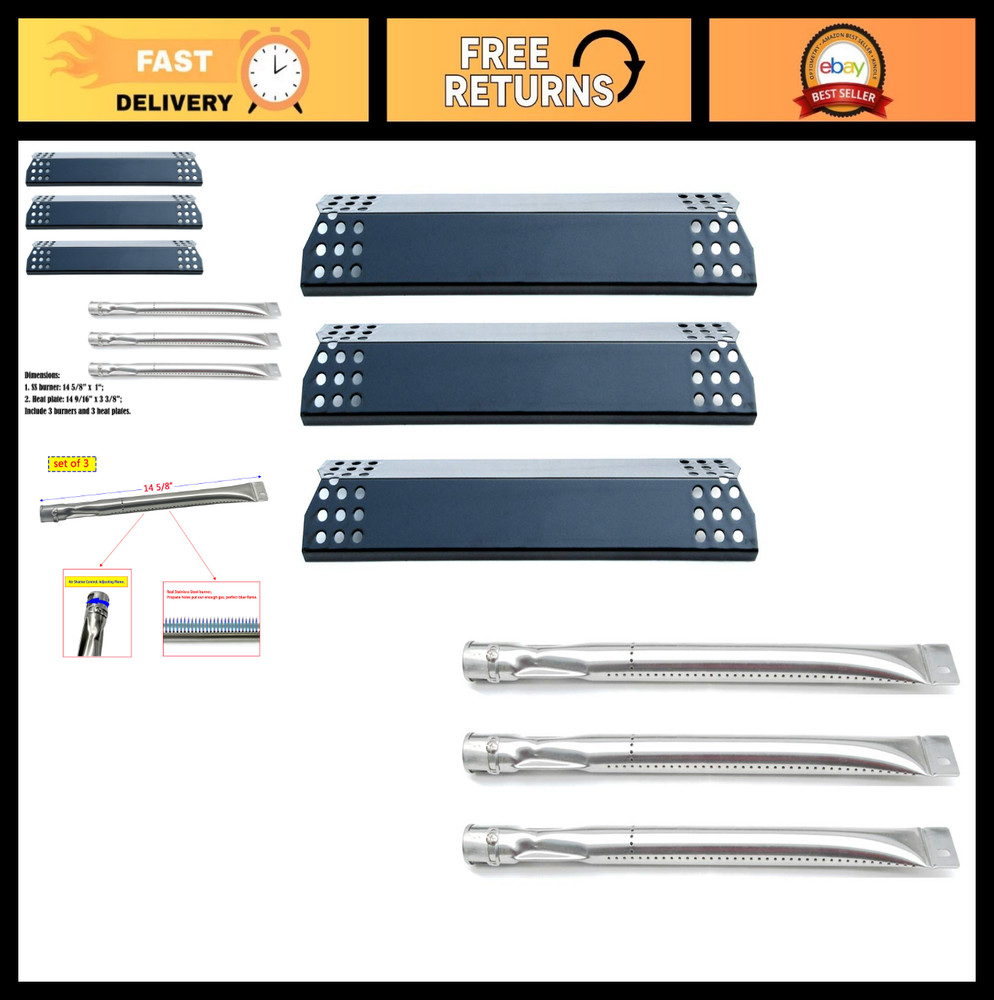 Gas Grill Repair Kit – 3-Pack Stainless Steel Burners & Porcelain Heat Plates