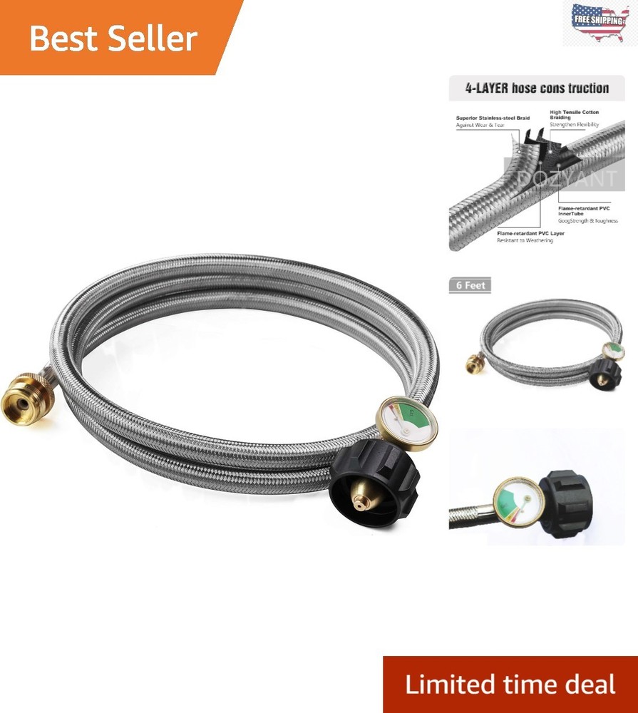6ft Stainless Braided Propane Converter Hose with Gauge for Outdoor Grilling