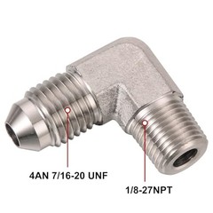 4AN Male Flare to 1/8 NPT Pipe Male Stainless Steel 4AN to 1/8 NPT 90 Degree