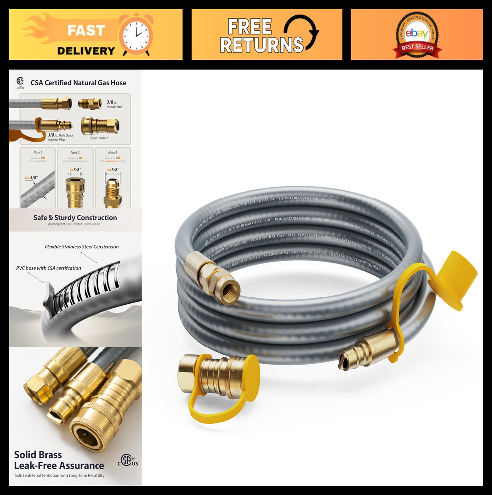 15FT 3/8″ ID Natural Gas Hose – Durable PVC Rubber, Quick Connect for Grills & H