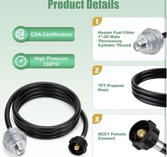 WADEO 7FT Propane Adapter Hose & Fuel Filter for Mr. Heater Buddy – Brand New