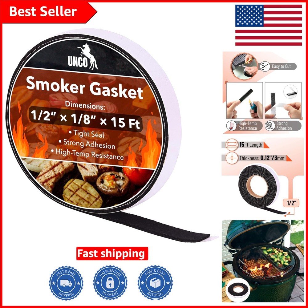 Efficient Grill Gasket 1/2″x1/8″ | 15ft Smoker Seal | Easy to Cut