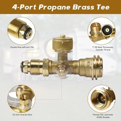 Propane Brass Tee Adapter Kit, 4-Port Propane Brass Tee with 5FT & 12FT Hose