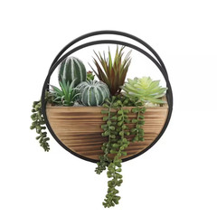 11 In. Artificial round Wood and Metal Wall Faux Succulents Mix