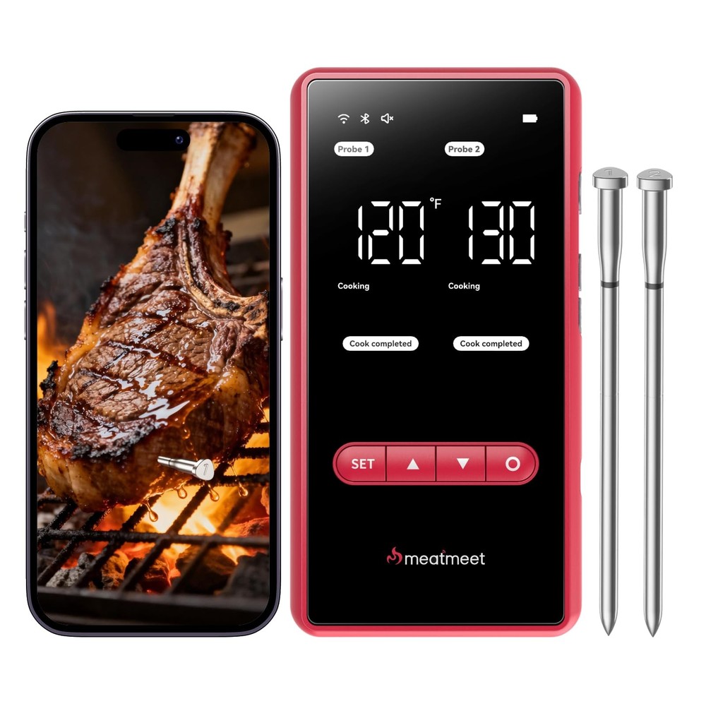 Meatmeet Wireless Meat Thermometer Digital with Dual Wi-Fi & Bluetooth, Red