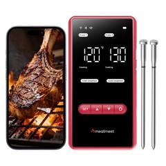 Meatmeet Wireless Meat Thermometer Digital with Dual Wi-Fi & Bluetooth, Red