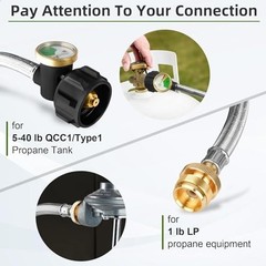 6FT Stainless Braided Propane Hose Adapter 1lb to 20lb, QCC1/Type1 for Grill, He