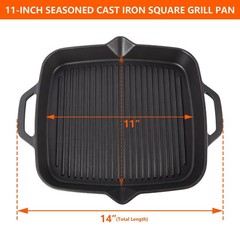 11″ Cast Iron Square Grill Pan, Professional Pre-Seasoned Griddle with Handle…