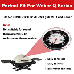 60070 Grill Thermometer for Weber Q120 Q220 Q1200 Q2200, Oval Q Temp Gauge