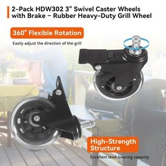 2-Pack HDW302 3″ Swivel Caster Wheels with Brake – Rubber Heavy-Duty 3 inches