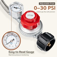 0-30 PSI Adjustable High Pressure Propane Regulator with Gauge, 5-Foot Stainl..,