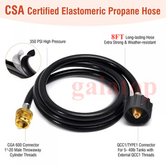 8FT Propane Hose w/QCC1 / Type1 Tank Connects 1lb Appliance to 1-20lb Tank US