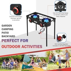 High Pressure Propane Gas Regulator & Double Burner Camping Grill – 120,000 BTU