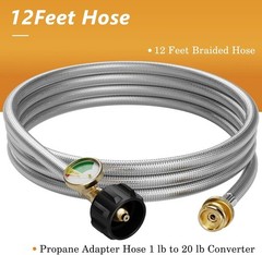 12FT Propane Hose with Gauge, Propane Hose Adapter 1lb to 20lb, Stainless Steel