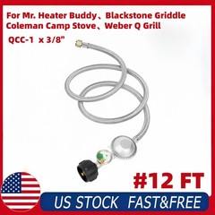 12FT Propane Hose with Regulator Gauge, Leak Protection Braided Hose