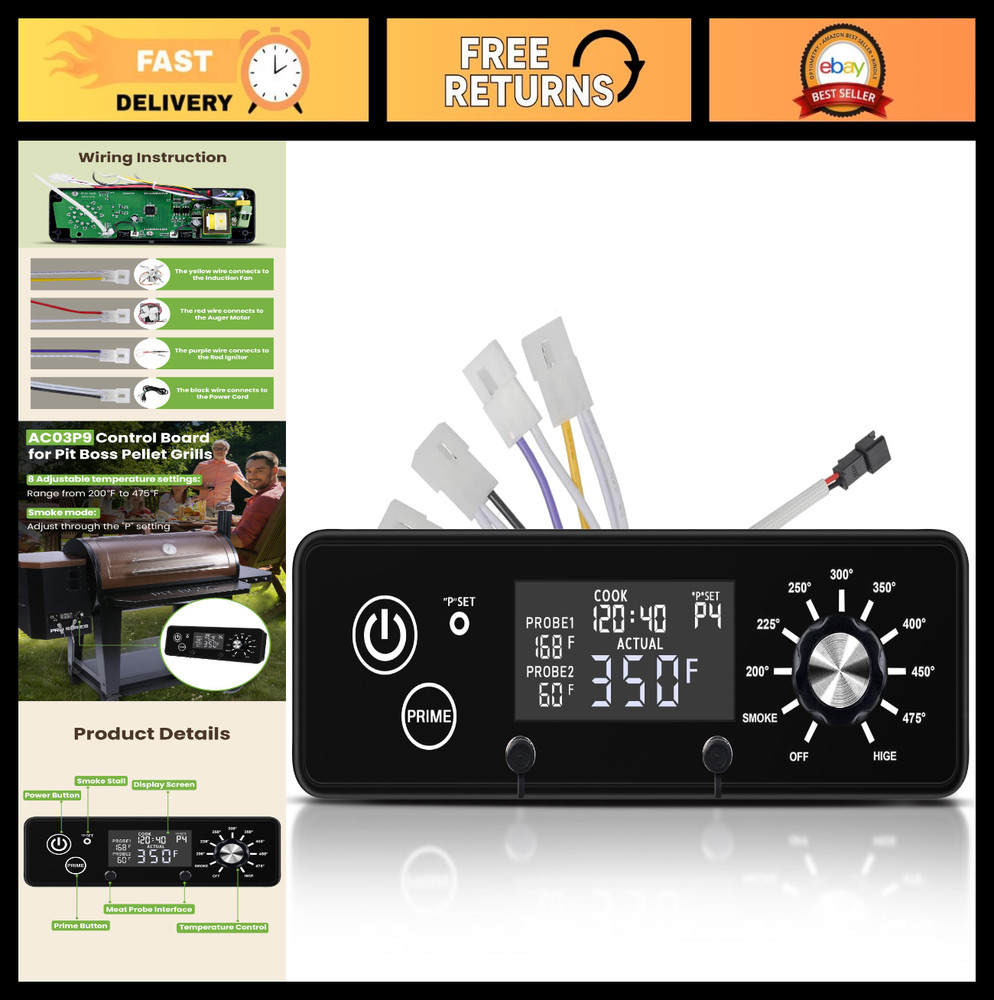 Replacement Control Board for Pellet Grill, AC03P9 Thermostat, LCD Display, Fits