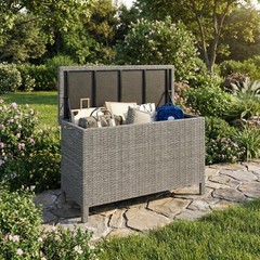 Outdoor Wicker Storage Box, PE Rattan Patio Storage Chest with Steel Frame, W…