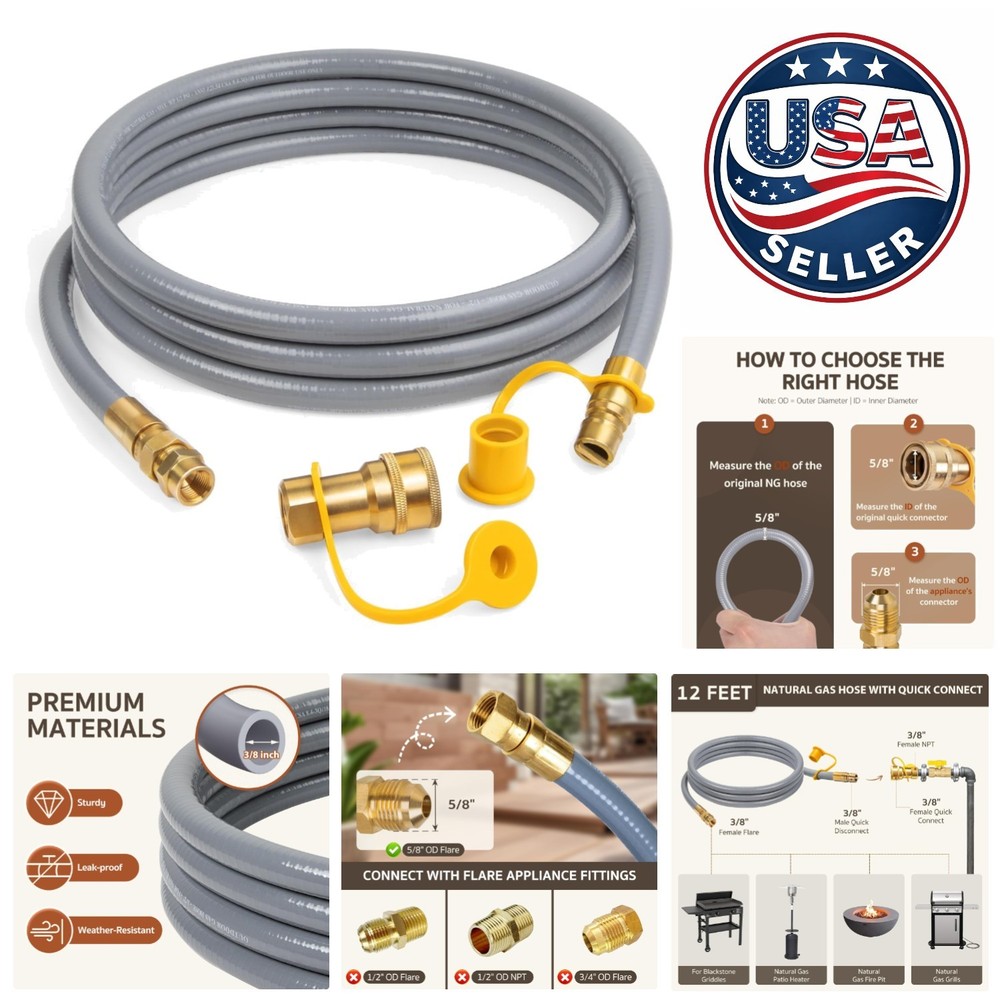 Durable 12ft 3/8 Inch Natural Gas Hose with Quick Connector for Heaters & Grills