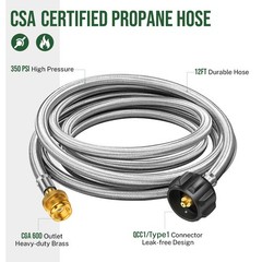 12ft Propane Hose Adapter 1lb to 20lb Converter for 5 lb 12 Feet, Silver